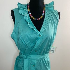 BNWT: Jones New York sleeveless turquoise ruffle top with waist tie. Sz: L